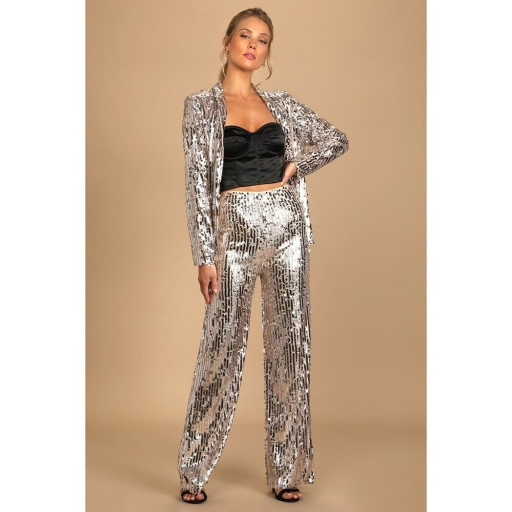 Lulus You Better Work Silver Multi Sequin Wide-Le… - image 1